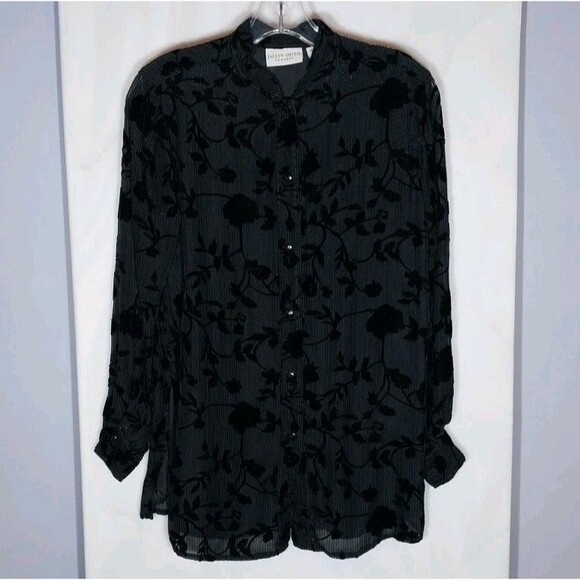 Jaclyn Smith Top S Black Floral Silk Blend Semi-sheer Sparkle Boho Whimsigoth - Picture 1 of 8